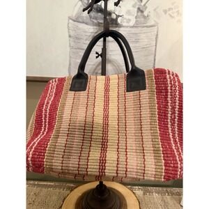 Dash & Albert Handwoven Pink Red Striped Bohemian Leather Strap Tote Bag Purse